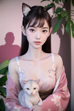 Natural Light, (Best Quality, highly detailed, Masterpiece:1.2), 16k, depth of field, ((wide shot)), (beautiful and detailed eyes), (realistic detailed skin texture), (detailed hair), (Fantasy aesthetic style), (realistic light and shadow), (real and delicate background), anime cat with headdress holding a cat in her arms on the street, 1girl, animal ears, cat, long hair, animal ear fluff, animal, solo, hair ornament, japanese clothes, looking at viewer, cat ears, hair flower, flower, long sleeves, blush, kimono, bangs, red kimono, floral print, parted lips, holding, brown eyes, upper body, a girl is laughing,close eyes