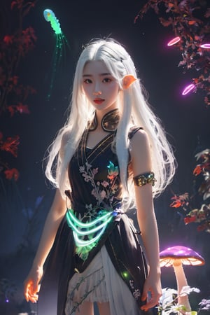 HDR, Ultra detailed illustration, Fantasy, a elf  with crown, a magical world full of unique luminous flora, pastel colors, full body shot, anime body, Final Fantasy theme, small breast, shoulder, arm,  digital art, art by Mschiffer, night, dark, (red  bioluminescence:1.2), (darkness background:1.2), 1girl, a young girl 12 years old, tiny, long legs, white skin, pale skin, (long hair, white hair:1.3), (big eyes:1.2), innocent face,  take shelter beside a large mushroom tree, bioluminescence meadow, high contrass, low brightness, ,more detail 