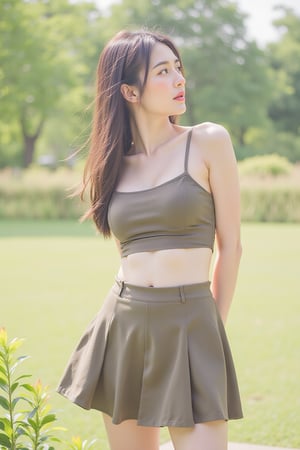 20s Korean Woman model, Long Straight Brown Hair Tied Up, Light Eyes, Pink Lips, Flat Stomach, Beautiful Legs, Japanese Landscape, Soft Sunlight, pleated skirt and knee-high boots