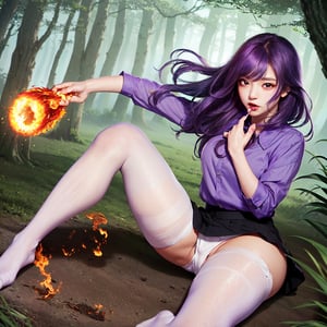 Solo,hd,high quality, 1girl,fullbody,
((purple hair, purple mini skirt, purple shirt,red eyes,black pantyhose(white panties)),
(taking a book,taking a fireball with the hand,wind),

ducks, rabbit, frogs,


(forest)




,pixel_art,Neco Arc, C,cls_chibi