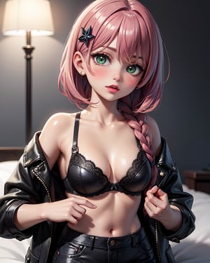 1girl, (masterpice), best quality, high quality, high detailed, perfect body,perfect_face, high_detailed_face, realism face, good body, big_ass, small_breasts, green_eyes, breasts, hair ornament, purple_eyeshadow, pink_hair, makeup ,long_hair, lipstick ,blush ,braided_hair, female, light-skinned_female ,light_skin ,sakimichan style ,skin_contrast, bra, black_bra, jacket, black leather skirt, laying on bed, bedroom, hight detailed background, night