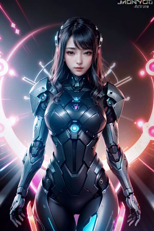 1girl, smirk, armor, black background,cyberpunk robot,halo,psychedelic,by mooncryptowow,complex robot, cowboy shot