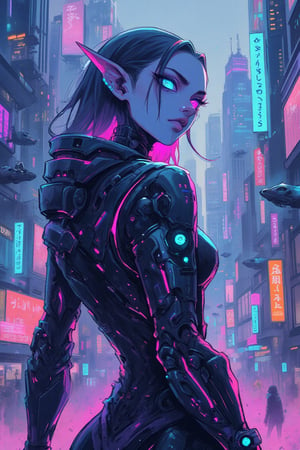 A futuristic cyberpunk elf with robotic enhancements, sleek metallic armor, and glowing neon circuits running across their body. Their ears are long and sharp, adorned with high-tech implants, and their eyes glow with a vibrant blue hue. The elf stands confidently in a dystopian cityscape, with towering skyscrapers, neon-lit streets, and flying vehicles in the background. Their robotic limbs are elegantly designed, blending advanced technology with elven grace, holding a glowing energy weapon. The scene is illuminated by holographic advertisements and the ambient glow of the city's tech-driven environment. ,anime style, \mechako\,kawaiicolors, texture