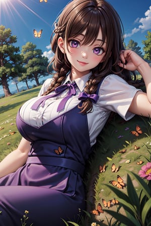 masterpiece), 1girl, best quality, expressive eyes, perfect face,mature female, large breasts, brown hair, braid,  slim body, purple eyes, hair ribbon, purple dress, purple pinafore dress, white shirt, grass, trees, blue sky, smile, , lying on side, butterflies, sunlight 