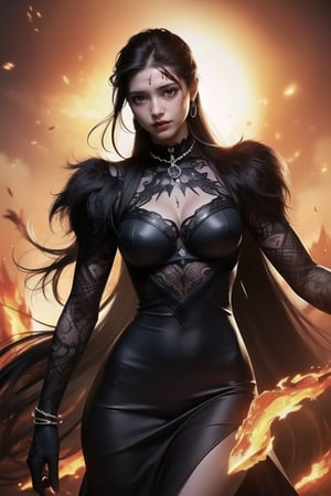 Dark magic, (masterpiece, epic realistic, highest quality, best quality, beautiful and aesthetic: 1.2), (1girl: 1.3), solo, threat, rage, devilish smile, extremely detailed, dynamic angle, battle, dark night, (a dress of blood),  abstract background, (corpses of blood, bloody splashes:1.1), ashes-flowers, fire, (body tattoos, scars, jewelry), hyperrealism