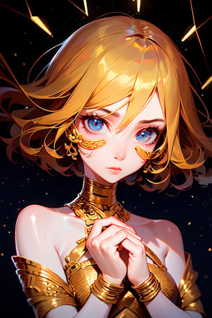 a lady holding gold in her hands with a constellation around her face, in the style of cyril rolando, aron demetz, dark reflections, detailed, layered compositions, gustav klimt, blink-and-you-miss-it detail, elegant, emotive faces