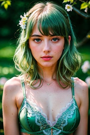 RAW, analog, Nikon Z 85mm, award winning glamour green hair photograph,((best quality)), ((masterpiece)), ((realistic)), 18th century, vintage image, gorgeous  woman wearing,( lace lingerie), 25 year old, huge,breasts, petite, ((small breasts)), innocent, flower pedals in the air, (freckles:0.6), intricate details, highly detailed, sharp focus, professional, 4k, spring flowers blooming, god rays, hand model, stunning blue eyes, petite, delicate, innocent,highres, detailed facial features, high detail, sharp focus, smooth, aesthetic, extremely detailed, photo_\(ultra\), photorealistic, realistic, post-processing, max detail, roughness, real life, ultra realistic, photorealism, photography, 8k uhd, photography, SEMI-SILHOUETTE light, 
,anime,gwen stacy