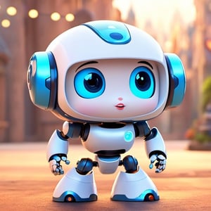 Pixar style movie poster, in 3d pixar disney style, a cute white skin female robot, in heroic pose. chibi
