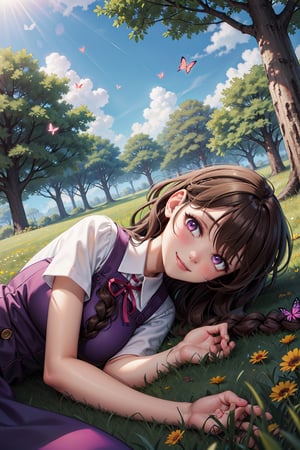 masterpiece), 1girl, best quality, expressive eyes, perfect face,mature female, large breasts, brown hair, braid,  slim body, purple eyes, hair ribbon, purple dress, purple pinafore dress, white shirt, grass, trees, blue sky, smile, , lying on side, butterflies, sunlight 