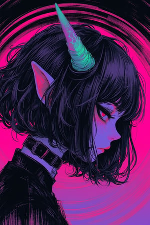 1girl, portrait, goth, colorfull horns, bob cut, seriuous expresion, inexpresive, black hair , looking at viewer, gradient pink and black background,kawaiicolors, texture