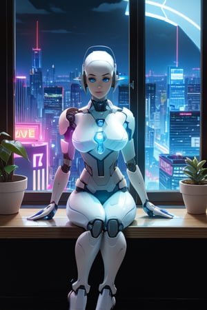 android blue Eyes, blue Eyes, white skin, robot, cyborg , drawing, painting on paper, inks, ink pots, shelf((Masterpiece)), (Best Quality), Art, Highly Detailed, Extremely Detailed CG Unity 8k Wallpaper, (Curves: 0.8), (Full Body: 0.6), 3DMM, (Masterpiece, Best Quality)   sitting, white sleeveless shirt, no bra, small chest,  on the arm, sitting, drawing, jeans, black pants, cartoonist,  studio , white walls, neon pink lights, neon lights, pink lights, wooden shelf, flower pots, plants, decorative plants, window, window, city view, , 12334, Q , perfect eyes,12334