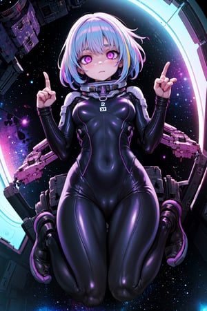 best quality,4k,(1girl,solo,fullbody),(short hair,light_purple_hair,neon_hair),purple eyes,dead eyes,dive_clothes,on_spaceship,space,stars,
coreful_space,




