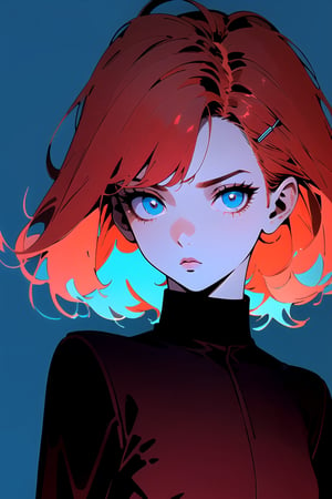 (flat color:1.3), masterpiece, highres,1girl, upper body, short red hair,blue eyes, simple background,1990s (style), (dark atmosphere), chromatic aberration