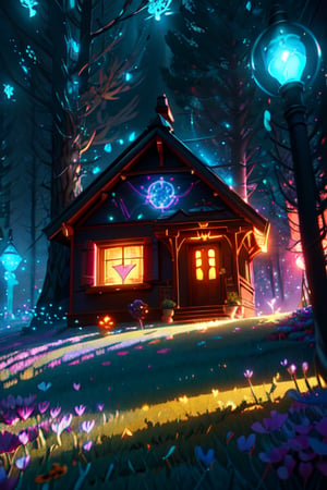 style of Anato Finnstark, a beautiful landscape of a small house, thematic background, neon, glow, fluttering symbols, | depth of field, bokeh, | smooth detailed shadows, hyperealistic shadows, (saturated colors:1.2) | (game cg, unreal engine, pixar style), (3d model)