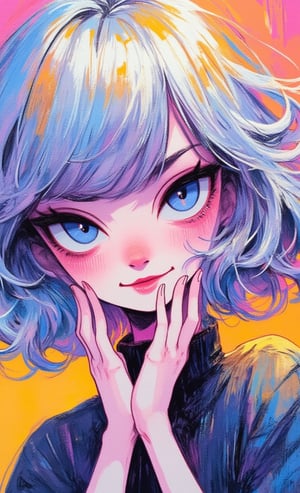 kawaiicolors, paper texture, brushstrokes,  In a vibrant, gradient-hued setting, a whimsical young girl poses with an endearing smile. Her hair, a mesmerizing metallic silver, falls in an asymmetrical bob framing her heart-shaped face. Sparkling blue eyes shine gently, as she gazes shyly, her hands cupping her cheeks in a playful gesture. The simple background serves as a stunning backdrop for her artistic essence, radiating an aura of creative charm that captivates all who behold her.,kawaiicolors, texture