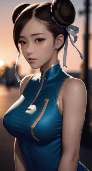 (looking at viewer:1.2), centered, upper body, photography of a 20yo woman, masterpiece, | (beautiful detailed eyes:1.2), (double bun hairstyle), dark brown hair color, dark brown eyes, sunset, bokeh, depth of field, | urban, street, City, | starry sky, vaporwave color scheme ,SF2 CHUN ,SFA CHUN ,SF5 CHUN ,SF6 CHUN