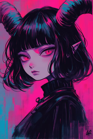 1girl, portrait, goth, colorfull horns, bob cut, seriuous expresion, inexpresive, black hair , looking at viewer, gradient pink and black background,kawaiicolors, texture