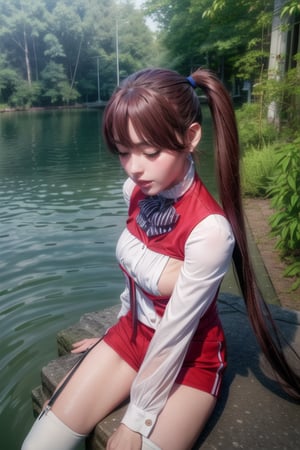 1girl, (masterpice), best quality, high quality, high detailed, perfect body, good body, ,twintails, long hair, red hair,red eyes, earrings, jewerly, white shirt, garter straps,ape, red shorts, bowtie,black nails, red vest,black thighhighs, viola, nature, water, lake, beautiful, sunset, from above