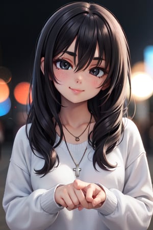 pixel,1girl, bangs, black hair, blurry, sweatshirt, blurry background, mysterious, nose ring, bokeh, black eyes, black hair, closed mouth, daytime, depth of field, hair between eyes, squinting, head tilt , lips, long hair, long sleeves, looking at viewer, necklace, nose, outdoors, shirt, smile, soil, thick, eyebrows, ((masterpiece)) (high quality) (Pixel art)