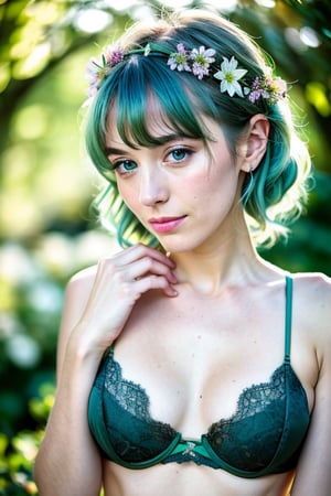 RAW, analog, Nikon Z 85mm, award winning glamour green hair photograph,((best quality)), ((masterpiece)), ((realistic)), 18th century, vintage image, gorgeous  woman wearing,( lace lingerie), 25 year old, huge,breasts, petite, ((small breasts)), innocent, flower pedals in the air, (freckles:0.6), intricate details, highly detailed, sharp focus, professional, 4k, spring flowers blooming, god rays, hand model, stunning blue eyes, petite, delicate, innocent,highres, detailed facial features, high detail, sharp focus, smooth, aesthetic, extremely detailed, photo_\(ultra\), photorealistic, realistic, post-processing, max detail, roughness, real life, ultra realistic, photorealism, photography, 8k uhd, photography, SEMI-SILHOUETTE light, 
,anime,gwen stacy