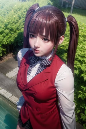 1girl, (masterpice), best quality, high quality, high detailed, perfect body, good body, ,twintails, long hair, red hair,red eyes, earrings, jewerly, white shirt, garter straps,ape, red shorts, bowtie,black nails, red vest,black thighhighs, viola, nature, water, lake, beautiful, sunset, from above