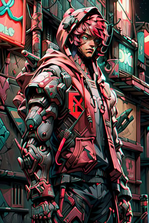 Masterpiece, 8k, 16k, high_resolution phone wallpaper, realistic, photorealistic, RAW photo, (((((male humanoid android, using human clothes, wearing a dirty deep red hoodie with the hood on)))), ruined robotic body, detailed (((white))) robot head and detailed eyes, sci-fi, ((detailed complex futuristic ((night)) soft neon lights street background)), dramatic light ,Urban techwear, mech ,cyberpunk robot, robotic eyes, head down, two eyes, symmetrical face