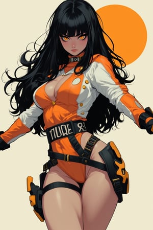 a woman with long black hair and bright yellow eyes. She is wearing a white and orange outfit with a black belt that has the letters "FUTURE" on it. Her outfit also has orange and black gloves on her hands. Her arms are out to her sides and her legs are slightly bent. The background is a light cream color and there is an orange circle in the upper right corner of the image. Amidst this moody, atmospheric setting, her elegant posture exudes an enchanting contrast, drawing us in to unravel the secrets of her mysterious world.,ct-identityV2,ct-colority,ct-sensanime,ct-bustyy2,,kawaiicolors, texture