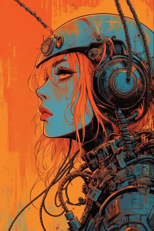  kawaiicolors, texture, brushstrokes, illustration, 1girl, cyberpunk, orange hair, cyborg, mecha, ((film grain)) 1970 style, blurry