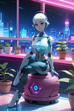 android blue Eyes, blue Eyes, white skin, robot, cyborg , drawing, painting on paper, inks, ink pots, shelf((Masterpiece)), (Best Quality), Art, Highly Detailed, Extremely Detailed CG Unity 8k Wallpaper, (Curves: 0.8), (Full Body: 0.6), 3DMM, (Masterpiece, Best Quality)   sitting, white sleeveless shirt, no bra, small chest,  on the arm, sitting, drawing, jeans, black pants, cartoonist,  studio , white walls, neon pink lights, neon lights, pink lights, wooden shelf, flower pots, plants, decorative plants, window, window, city view, , 12334, Q , perfect eyes,12334