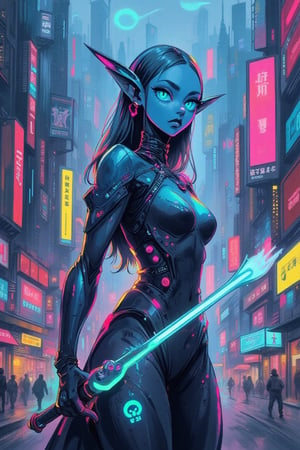 A futuristic cyberpunk elf with robotic enhancements, sleek metallic armor, and glowing neon circuits running across their body. Their ears are long and sharp, adorned with high-tech implants, and their eyes glow with a vibrant blue hue. The elf stands confidently in a dystopian cityscape, with towering skyscrapers, neon-lit streets, and flying vehicles in the background. Their robotic limbs are elegantly designed, blending advanced technology with elven grace, holding a glowing energy weapon. The scene is illuminated by holographic advertisements and the ambient glow of the city's tech-driven environment. ,anime style, \mechako\,kawaiicolors, texture