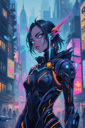 A futuristic cyberpunk elf with robotic enhancements, sleek metallic armor, and glowing neon circuits running across their body. Their ears are long and sharp, adorned with high-tech implants, and their eyes glow with a vibrant blue hue. The elf stands confidently in a dystopian cityscape, with towering skyscrapers, neon-lit streets, and flying vehicles in the background. Their robotic limbs are elegantly designed, blending advanced technology with elven grace, holding a glowing energy weapon. The scene is illuminated by holographic advertisements and the ambient glow of the city's tech-driven environment. ,anime style, \mechako\,kawaiicolors, texture