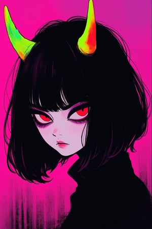 1girl, portrait, goth, colorfull horns, bob cut, seriuous expresion, inexpresive, black hair , looking at viewer, gradient pink and black background,kawaiicolors, texture