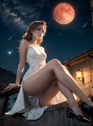 (best quality), (masterpiece), ((realistic), (detailed), beautiful woman
sitting on the edge of a building, wearing a white dress, facing the viewer, red
moon in the background, stars in the night sky, night time (masterpiece).
absurdres, HDR,Fantexi,dark studio