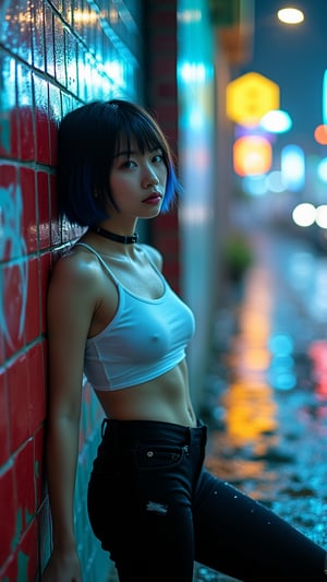 A cinematic photo capturing a striking young Asian woman in a neon-lit, rain-soaked urban alley. The image exudes a strong cyberpunk aesthetic with its moody, high-contrast lighting. The subject, with short black hair featuring subtle blue and red highlights, leans against a tiled wall covered in graffiti. She wears a white crop top with metallic accents, black low-rise pants, and a choker, embodying a futuristic street style. Rain glistens on her skin and the surrounding surfaces, creating a glossy, reflective atmosphere. The background is a blur of colorful city lights, suggesting a bustling nightlife. The photo is highly detailed, showcasing the texture of wet surfaces, the sheen of the woman's outfit, and the intricate patterns of light reflecting off puddles. The shallow depth of field keeps the focus on the subject while creating a dreamy, bokeh effect with the distant lights. The color grading emphasizes cool blues and teals contrasted with warm yellows and reds, enhancing the neo-noir ambiance. This image masterfully blends realism with a futuristic edge, capturing a moment of urban solitude amidst a vibrant, rain-drenched cityscape.