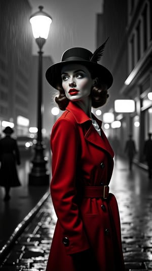 In a high contrast black and white scene with a single element of color - a striking red trench coat - a mysterious woman stands on rain-slicked cobblestone streets of 1940s New York City at twilight. The camera angles down dramatically from an overhead streetlight, creating sophisticated contrast between light and shadow. Her elegant figure is accentuated by the coat's upturned collar revealing a white blouse beneath, while a wide-brimmed hat with a feather partially obscures her face, adding to her enigmatic presence. The deep blacks of the wet pavement reflect the silver screen quality street lights, while her red lipstick provides another subtle touch of color. She stands with classic Hollywood lighting illuminating her figure against the moody atmosphere of the rain-soaked buildings. The dramatic composition emphasizes film noir style through precise shadow placement and strategic highlights, creating a cinematic scene that captures the essence of 1940s mystery and allure. Strategic dramatic shadows cast by the overhead light create a sophisticated interplay of light and dark across the scene.