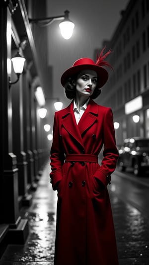 In a high contrast black and white scene with a single element of color - a striking red trench coat - a mysterious woman stands on rain-slicked cobblestone streets of 1940s New York City at twilight. The camera angles down dramatically from an overhead streetlight, creating sophisticated contrast between light and shadow. Her elegant figure is accentuated by the coat's upturned collar revealing a white blouse beneath, while a wide-brimmed hat with a feather partially obscures her face, adding to her enigmatic presence. The deep blacks of the wet pavement reflect the silver screen quality street lights, while her red lipstick provides another subtle touch of color. She stands with classic Hollywood lighting illuminating her figure against the moody atmosphere of the rain-soaked buildings. The dramatic composition emphasizes film noir style through precise shadow placement and strategic highlights, creating a cinematic scene that captures the essence of 1940s mystery and allure. Strategic dramatic shadows cast by the overhead light create a sophisticated interplay of light and dark across the scene.