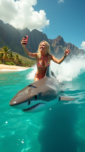 A cinematic photograph captures an extraordinary moment off the coast of Hawaii. A blonde woman in a vibrant swimsuit is seen taking a selfie while seemingly riding atop a large shark just beneath the ocean's surface. The crystal-clear turquoise waters allow visibility of the shark's sleek form cutting through the waves. The woman's expression is a mix of exhilaration and focus as she holds her smartphone out with one hand, her other arm extended for balance. Sunlight glistens off the water droplets on her skin and hair, creating a sparkling effect. The background showcases the stunning Hawaiian coastline with lush green mountains and a golden beach. The 35mm photograph style adds a subtle film grain, enhancing the scene's surreal quality while maintaining photorealistic detail. Sharp focus on the subject contrasts with the slightly blurred ocean spray, creating depth and movement. The image's high contrast and vivid colors accentuate the blue of the ocean, the tan of the sand, and the bright hues of the woman's swimwear. This DSLR-quality shot freezes an implausible moment, blending danger and beauty in a visually striking composition.