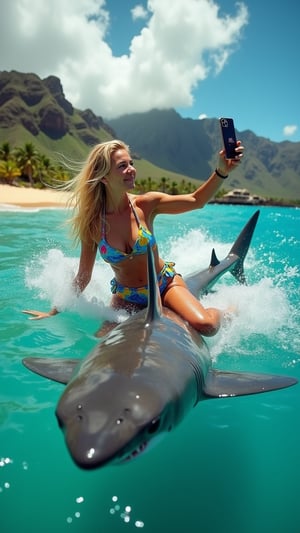 A cinematic photograph captures an extraordinary moment off the coast of Hawaii. A blonde woman in a vibrant swimsuit is seen taking a selfie while seemingly riding atop a large shark just beneath the ocean's surface. The crystal-clear turquoise waters allow visibility of the shark's sleek form cutting through the waves. The woman's expression is a mix of exhilaration and focus as she holds her smartphone out with one hand, her other arm extended for balance. Sunlight glistens off the water droplets on her skin and hair, creating a sparkling effect. The background showcases the stunning Hawaiian coastline with lush green mountains and a golden beach. The 35mm photograph style adds a subtle film grain, enhancing the scene's surreal quality while maintaining photorealistic detail. Sharp focus on the subject contrasts with the slightly blurred ocean spray, creating depth and movement. The image's high contrast and vivid colors accentuate the blue of the ocean, the tan of the sand, and the bright hues of the woman's swimwear. This DSLR-quality shot freezes an implausible moment, blending danger and beauty in a visually striking composition.