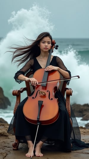 A masterful portrait capturing a striking synthesis of music and nature. A young cellist with flowing raven hair sits confidently on an ornate carved wooden chair at the ocean's edge. Her black chiffon dress, elegant and flowing with subtle transparency, moves gracefully in the sea breeze. The cello is positioned with practiced precision between her legs, its rich wooden tones complementing the chair's intricate details. Her intense expression reveals complete immersion in her performance as she draws the bow across strings. Behind her, magnificent ocean waves crash against rocky shores, creating dramatic water sprays that frame the scene. Her hair dances in the wind, perfectly synchronized with the rhythm of both music and sea. Her barefoot stance on the weathered ground adds an element of primal connection. The composition captures perfect lighting and sharp focus, emphasizing the contrast between the refined musical performance and raw oceanic power, creating a powerful visual harmony.