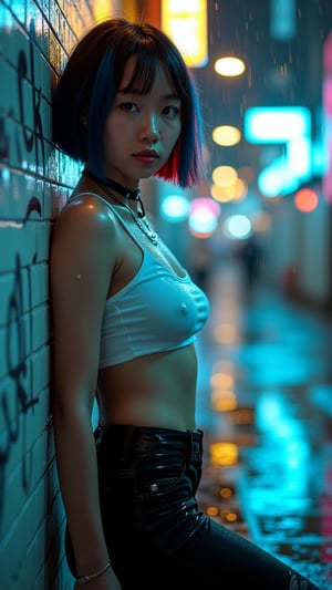 A cinematic photo capturing a striking young Asian woman in a neon-lit, rain-soaked urban alley. The image exudes a strong cyberpunk aesthetic with its moody, high-contrast lighting. The subject, with short black hair featuring subtle blue and red highlights, leans against a tiled wall covered in graffiti. She wears a white crop top with metallic accents, black low-rise pants, and a choker, embodying a futuristic street style. Rain glistens on her skin and the surrounding surfaces, creating a glossy, reflective atmosphere. The background is a blur of colorful city lights, suggesting a bustling nightlife. The photo is highly detailed, showcasing the texture of wet surfaces, the sheen of the woman's outfit, and the intricate patterns of light reflecting off puddles. The shallow depth of field keeps the focus on the subject while creating a dreamy, bokeh effect with the distant lights. The color grading emphasizes cool blues and teals contrasted with warm yellows and reds, enhancing the neo-noir ambiance. This image masterfully blends realism with a futuristic edge, capturing a moment of urban solitude amidst a vibrant, rain-drenched cityscape.