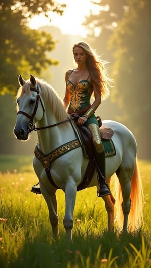 A cinematic 35mm photograph captures a breathtaking scene of a beautiful woman riding a majestic horse through a lush, sunlit meadow. The rider, a young woman with long, flowing hair caught in a gentle breeze, wears an intricately designed green and gold bodysuit that seamlessly blends with the horse's ornate harness. Her pose is confident and graceful, perfectly complementing the horse's elegant stance. The horse, a stunning white breed with a golden tail, stands proudly in the foreground, its muscular form and sleek coat glistening in the warm light. The setting is idyllic - a vibrant green field bordered by trees, their leaves dappling the sunlight. The background fades into a misty forest, creating depth and atmosphere. Shot with professional DSLR quality, the image employs sharp focus on the subjects while softly blurring the background. The lighting is exquisite, with golden hour sunlight enhancing the warm tones of the rider's hair and the horse's coat, creating a dreamlike, almost fantastical atmosphere. Every detail is crisp, from the intricate patterns on the rider's attire to the individual blades of grass in the foreground.