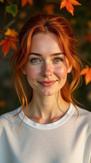 A candid portrait of a 35-year-old woman with striking features. Perfect skin texture and natural tan complexion adorned with delicate freckles across her cheeks and nose. Her vibrant red hair, styled in a silky smooth ponytail, catches the warm light. Round face framed by stray auburn strands, expressing genuine emotion with emerald green eyes and natural blush. She wears an oversized white t-shirt that's partially translucent, revealing natural curves beneath. Her pose is relaxed and casual, creating an intimate atmosphere. The background features soft, unfocused autumn flowers, creating depth with professional bokeh effect. Studio lighting emphasizes her features with catch lights in her eyes, while maintaining perfect exposure and authentic skin tones. Natural color reproduction captures every detail, from her subtle expressions to textile textures.