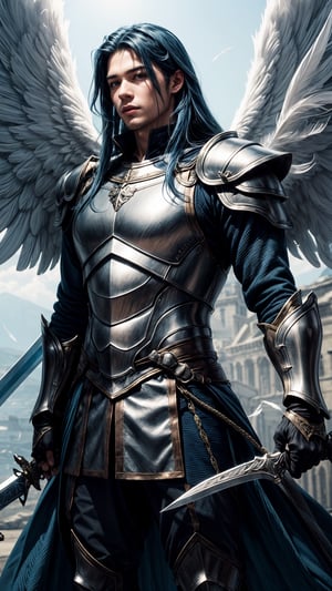 1boy, Angel, long blue hair, Angel with a very detailed giant sword, and a very large white Wings full of feathers, wearing armor with a long coat