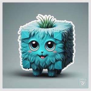 Happy fluffy cyan cube with eyes and tiny long hands,sticker