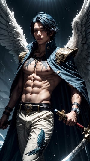 1boy, falling from the sky on his back, Angel with a very detailed giant sword, and a very large white Wings full of feathers, with a blue glowing eyes, and very long different color hair, wearing a long coat