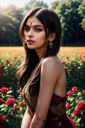 fashion photography portrait of indian girl with brown hair, in a field full of roses, 3d render, cgi, symetrical, octane render, 35mm, 9:16, (intricate details:1.12), hdr, (intricate details, hyperdetailed:1.15), (natural skin texture, hyperrealism, soft light, sharp:1.2), detailed, sunlight passing through