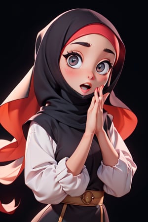 masterpiece, best quality,a muslim woman wearing hijab with big eyes and a surprised look on her face, with her hand covering her mouth, black background
