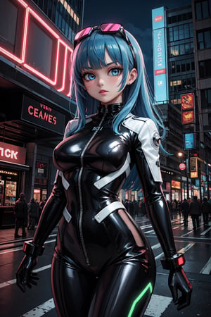 1girl, (masterpice), best quality, high quality, high detailed, perfect body, good body, bodysuit, mecha, science fiction, cyberpunk, city, neon lights, day, people, blue hair, looking at viewer, googgles on head