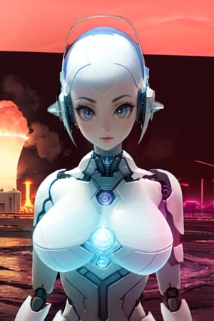 Cute robot girl, evocative pose, Ink in Hsiao-Ron Cheng style Close-Up Shot of (Zealot:1.3) of Nuclear Energy, Chaos Realm, Golden Hour, Mythical, trending on deviantart, Atari Graphics