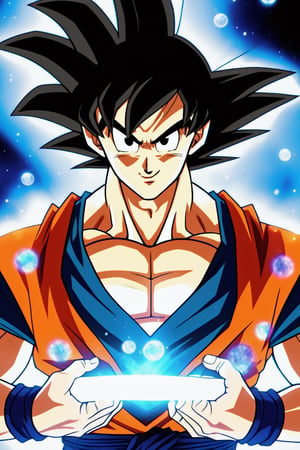 son goku, 1boy, backlighting, black eyes, black hair, blue wristband, closed mouth, dougi, hair strand, hands up, light particles, looking at viewer, male focus, muscular, muscular male, pectorals, smile, solo, spiked hair, upper body, wristband, ((masterpiece)), style dragon ball super, dragon ball super, highly detailed photo, sharp details, realistic, 4K, RAW photo